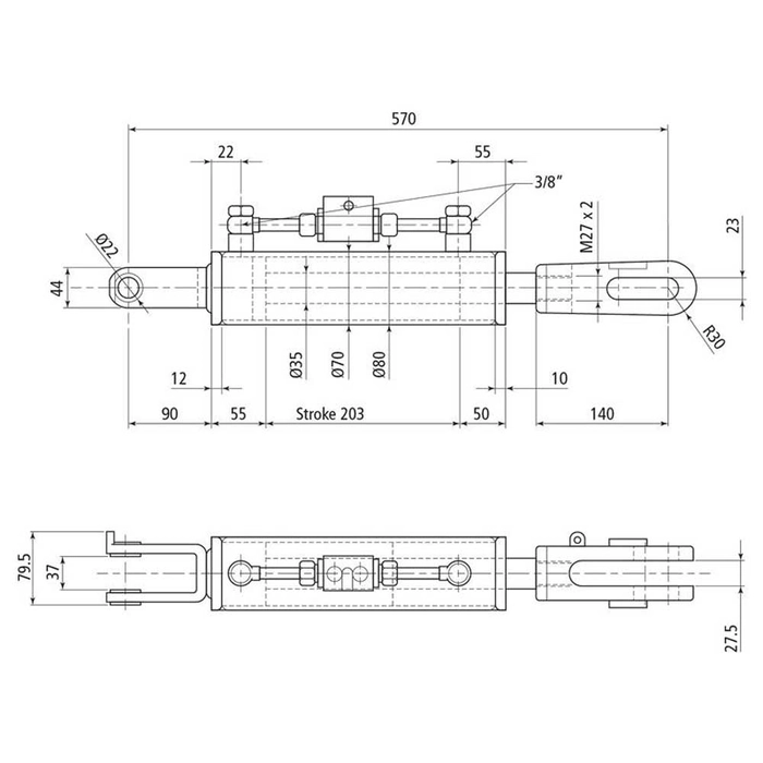 Hydraulisk justering av løftestag til trekkstenger (Levert med: Slanger) - Gaffel Hull Ø: 22mm - Gaf