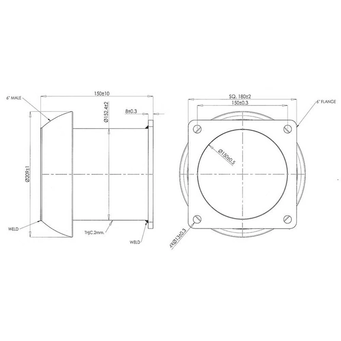 Kobling med firkantet flens (for slam/møkkspreder) 6″ (159mm) x (150mm) (Galvanisert)