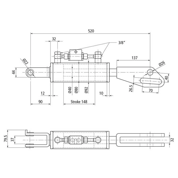 Hydraulisk justering av løftestag til trekkstenger (Levert med: Slanger) - Gaffel Hull Ø: 22mm - Gaf