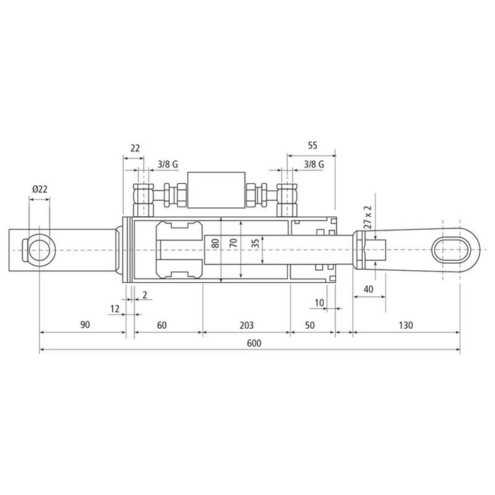 Hydraulisk justering av løftestag til trekkstenger (Levert med: Slanger) - Gaffel Hull Ø: 22mm - Gaf