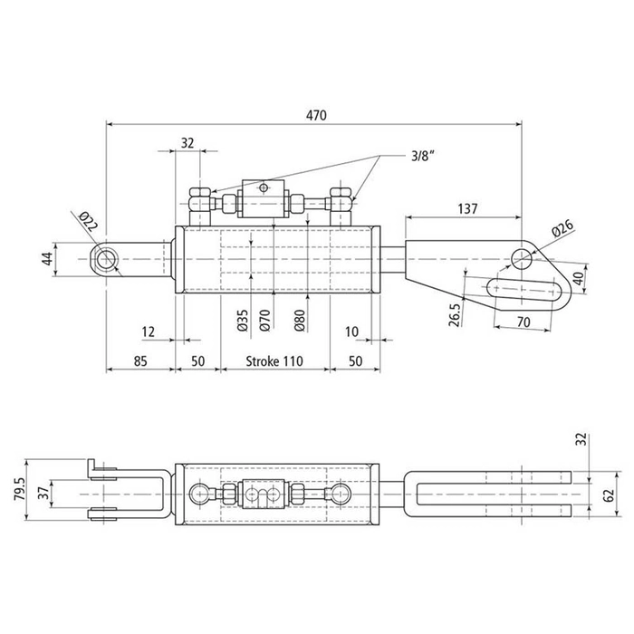 Hydraulisk justering av løftestag til trekkstenger (Levert med: Slanger) - Gaffel Hull Ø: 22mm - Gaf