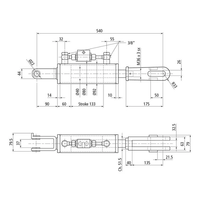Hydraulisk justering av løftestag til trekkstenger (Levert med: Slanger) - Gaffel Hull Ø: 22mm - Gaf