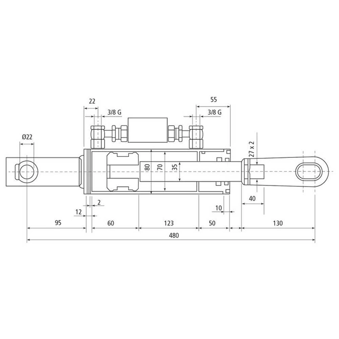 Hydraulisk justering av løftestag til trekkstenger (Levert med: Slanger) - Gaffel Hull Ø: 22mm - Gaf