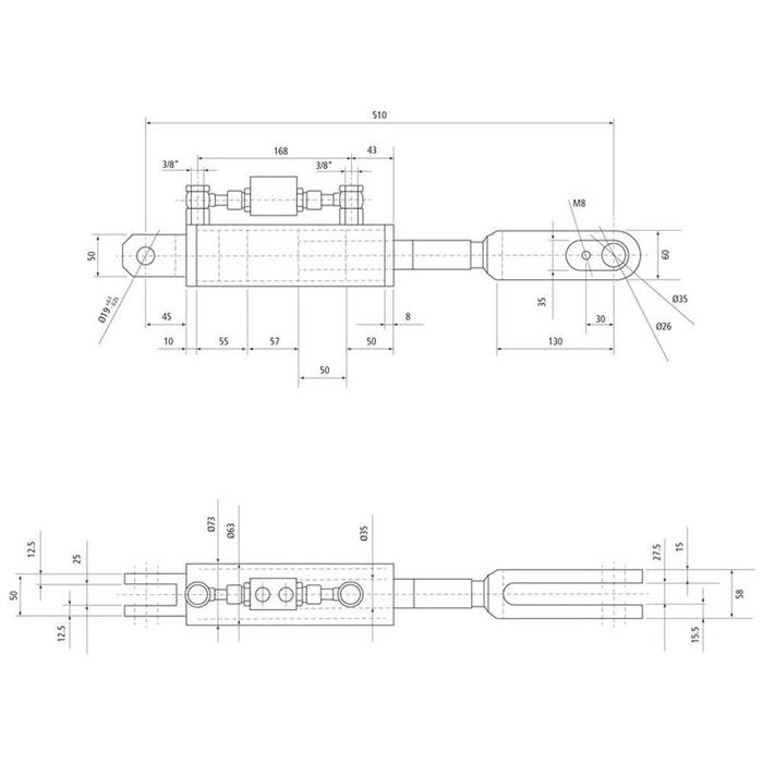 Hydraulisk justering av løftestag til trekkstenger (Levert med: Slanger) - Gaffel Hull Ø: 19mm - Gaf