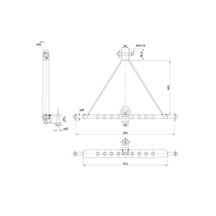 3-pkt.feste med kuledrag og boltefeste (Kategori 2 (Ø28mm)) Antall hull: 9, 932mm