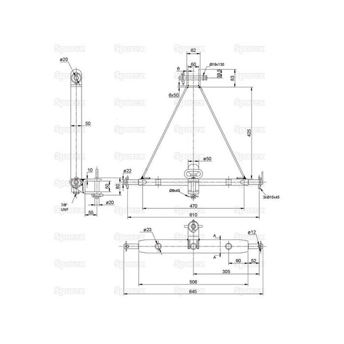 3-pkt.feste med kuledrag og boltefeste (Kategori 1 (Ø22mm)) Antall hull: 3, 610mm