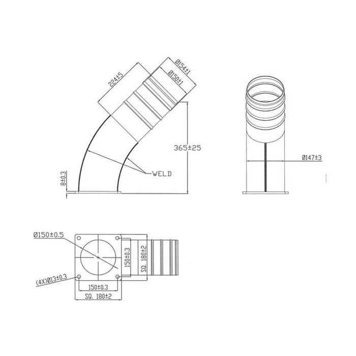 45° bøyning 6″ (150mm) x (150mm) (Galvanisert)