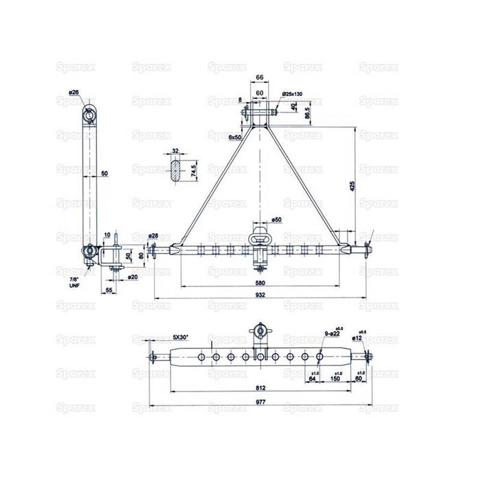 3-pkt.feste med kuledrag og boltefeste (Kategori 2 (Ø28mm)) Antall hull: 9, 932mm