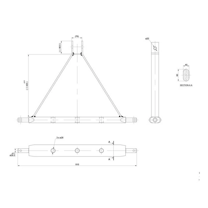 3-pkt.feste med kuledrag og boltefeste (Kategori 2 (Ø28mm)) Antall hull: 3, 770mm