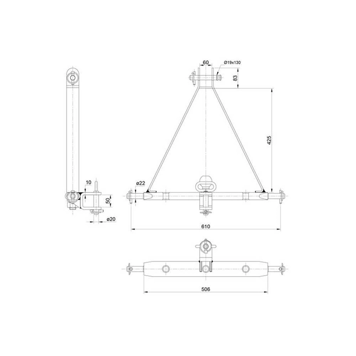 3-pkt.feste med kuledrag og boltefeste (Kategori 1 (Ø22mm)) Antall hull: 3, 610mm