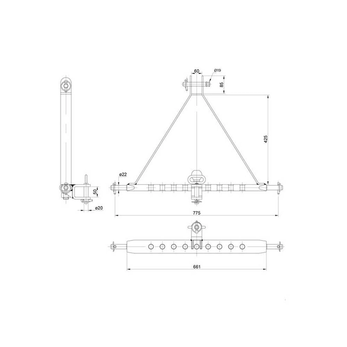 3-pkt.feste med kuledrag og boltefeste (Kategori 1 (Ø22mm)) Antall hull: 9, 775mm
