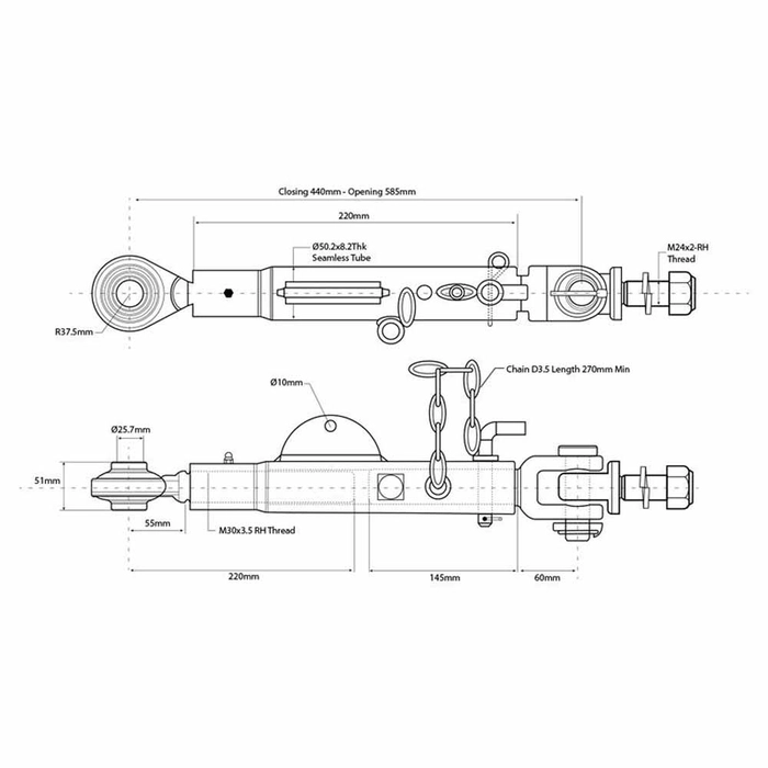 Stabilisator - Kule Ø25.4mm - Thread Ø24mm - Minimum lengde: 440mm - M30 x 3.50