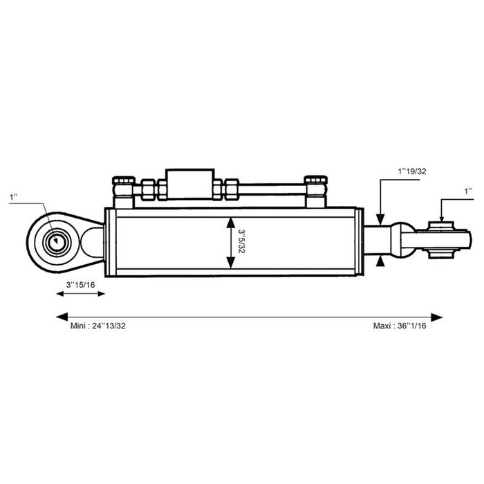 Hydraulisk toppstag (Kategori2/2 (Ø25/25mm)) Kule og Kule, Sylinderhull: 80mm, Minimum lengde: 620mm