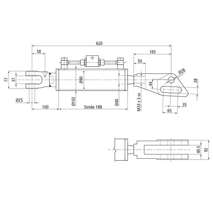 Hydraulisk justering av løftestag til trekkstenger (Levert med: Slanger) - Gaffel Hull Ø: 25mm - Gaf