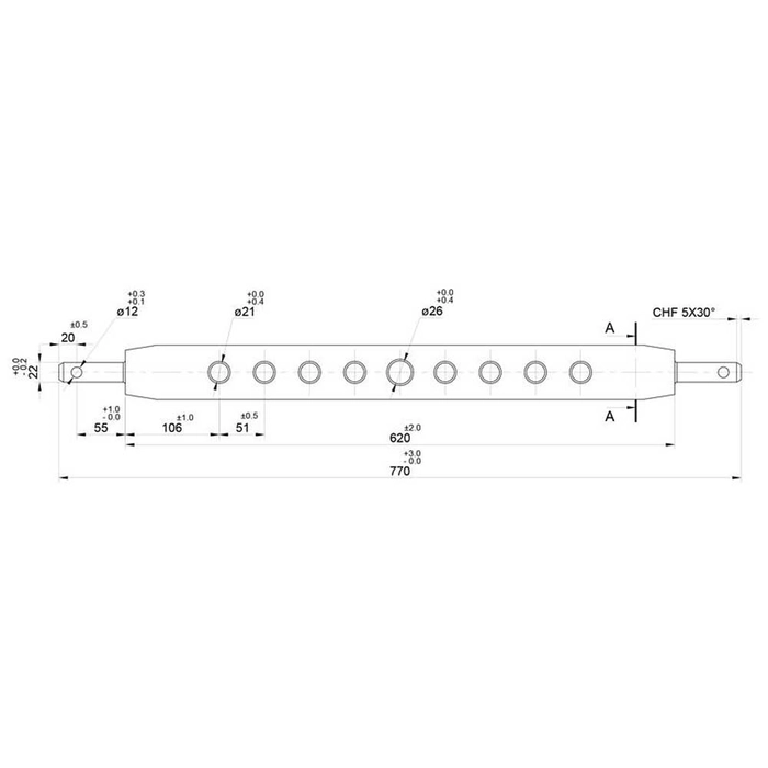 3-pkt.feste med kuledrag og boltefeste (Kategori 1 (Ø22mm)) Antall hull: 9, 730mm
