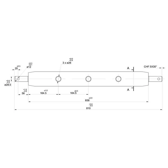 3-pkt.feste med kuledrag og boltefeste (Kategori 2 (Ø28mm)) Antall hull: 3, 770mm