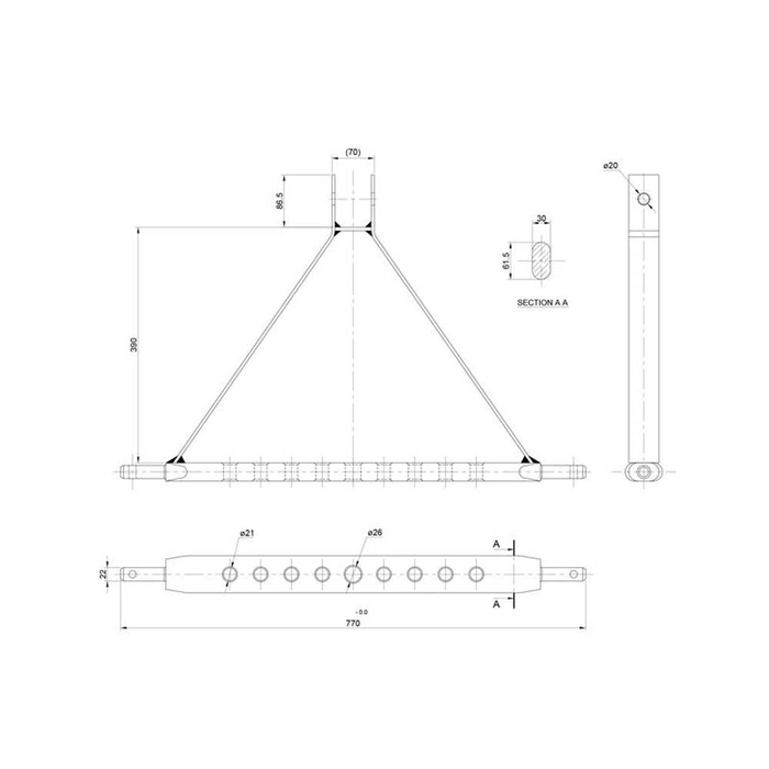 3-pkt.feste med kuledrag og boltefeste (Kategori 1 (Ø22mm)) Antall hull: 9, 730mm